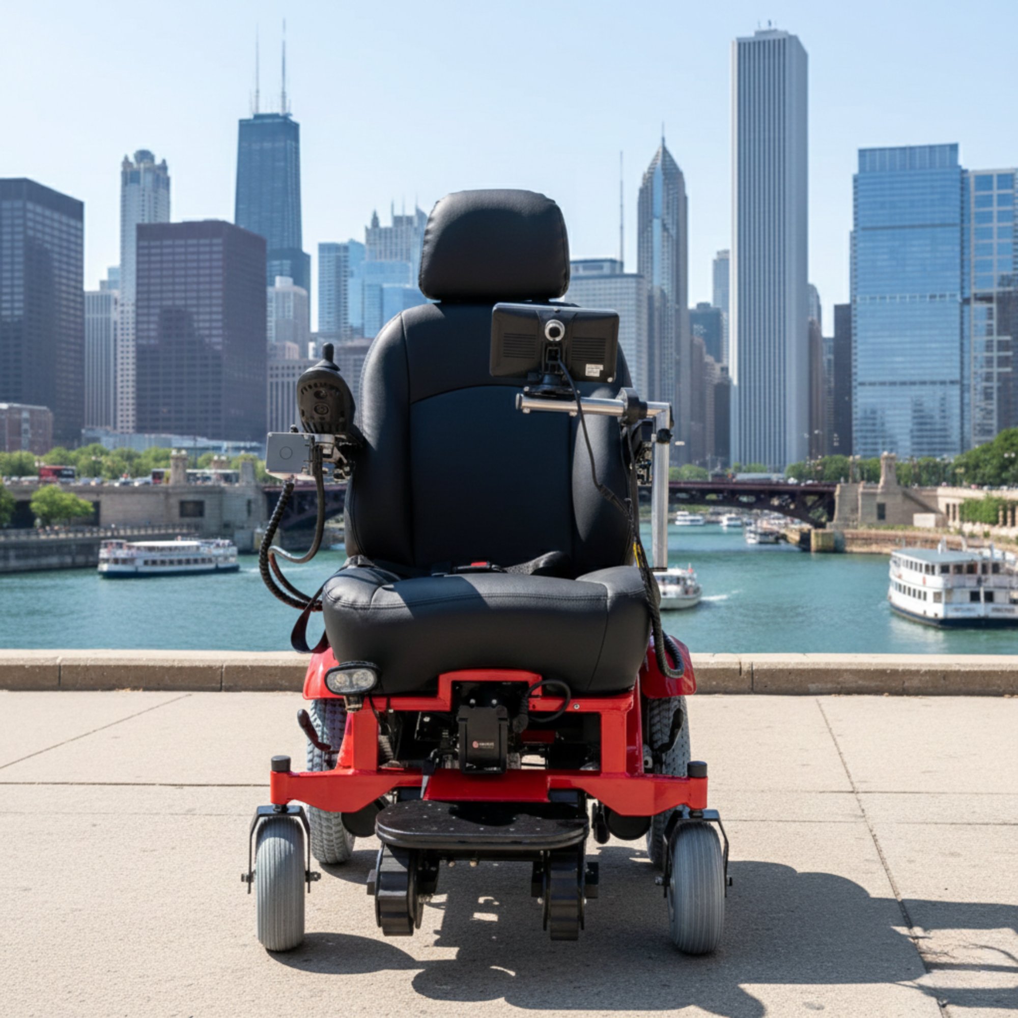 Movo X stair-climbing wheelchair against the Chicago skyline
